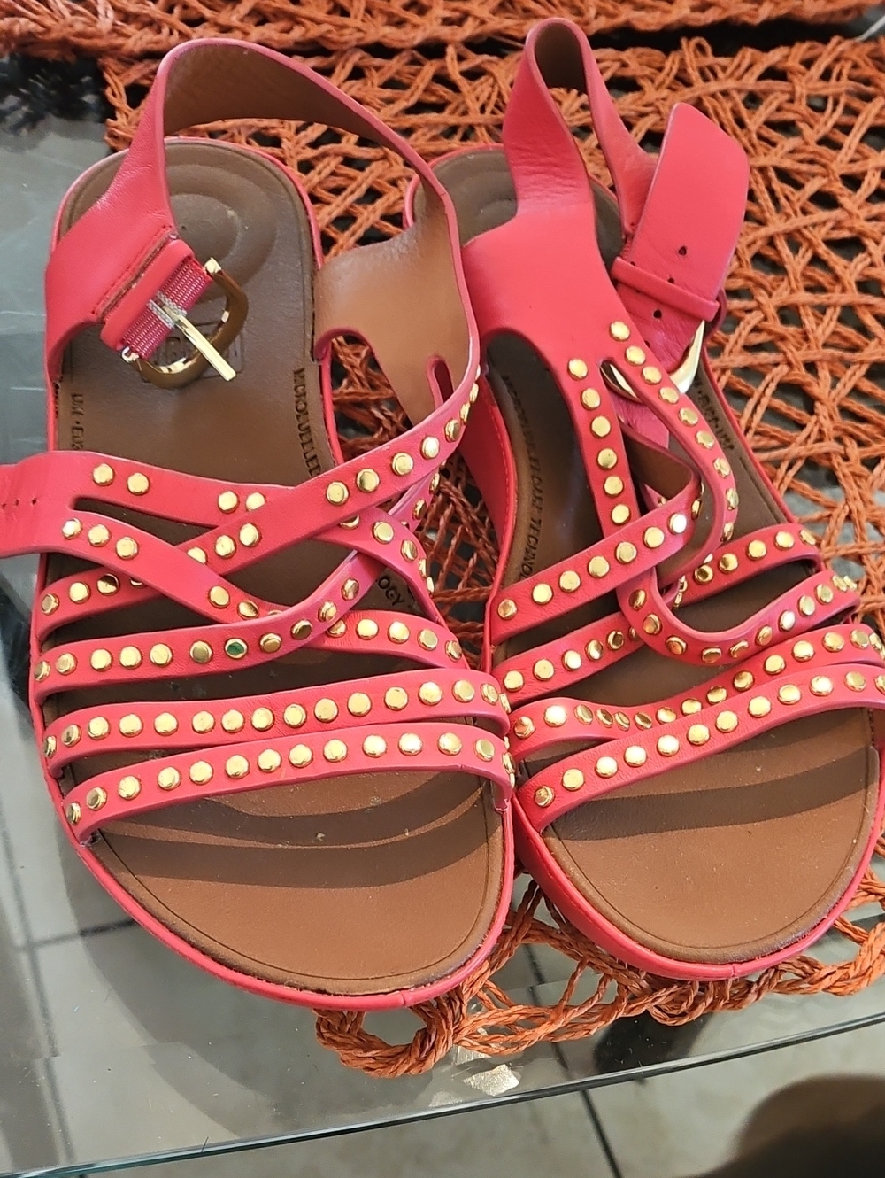 Fitflop Coral Pink Studded Multi-Strap Sandals with Gold Studs